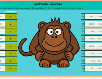 Preview of Comparing Decimals Image Reveal (monkey) 16 questions