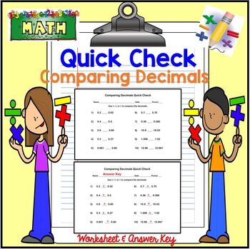 Preview of Comparing Decimals QUICK CHECK Math Worksheet + Answer Key Quiz Test