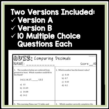 comparing decimals quiz 4th grade 4nf7 assessment