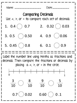 comparing decimals tenths and hundredths worksheet by educating in color