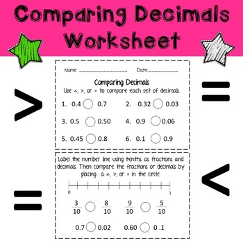Preview of Comparing Decimals (Tenths and Hundredths) Worksheet