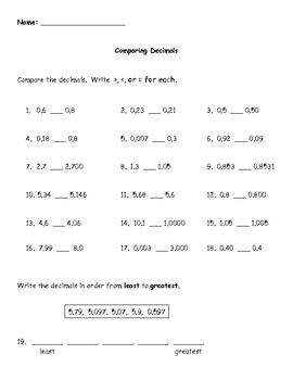 comparing decimals worksheet by kris milliken teachers