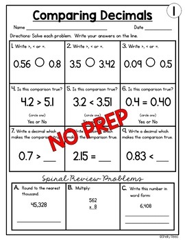 Comparing Decimals Worksheets by Shelly Rees | Teachers Pay Teachers