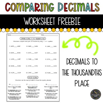 Preview of Comparing Decimals to the Thousandths Place Worksheet FREEBIE