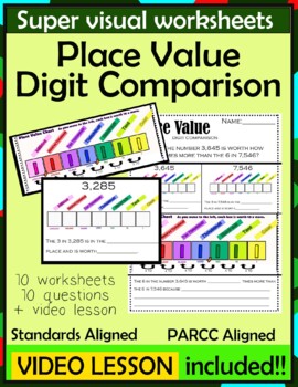 Preview of Comparing Digits with Base Ten Place Value scaffolded worksheets + video lesson