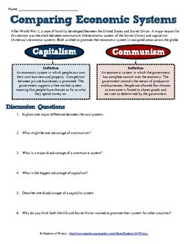 Preview of Comparing Economic Systems Worksheet: Capitalism Vs. Communism