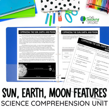 Preview of Comparing Features of Sun, Earth, and Moon Science Reading Passage & Questions