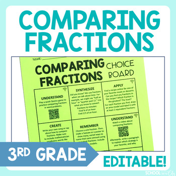 Preview of Comparing Fractions 3rd Grade Math Choice Board - Editable Extension Activities