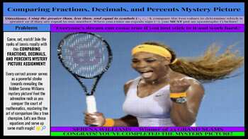Preview of Comparing Fractions, Decimals, and Percents Mystery Picture - Serena Williams