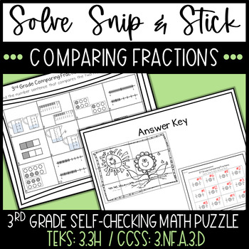 Preview of 3rd Grade Comparing Fractions Solve, Snip & Stick Math Puzzle / TEKS 3.3H