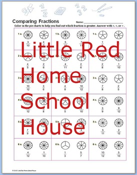 comparing fractions pie chart worksheet with answer key for 4th 5th 6th grades