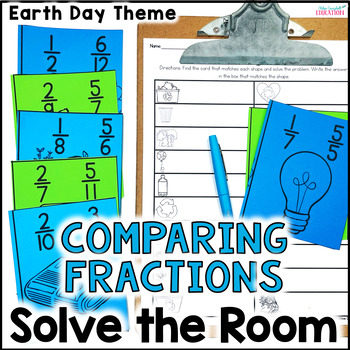 Preview of Comparing Fractions with Unlike Denominators Solve the Room Earth Day Theme