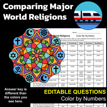 Preview of Comparing Major World Religions | Social Studies Color By Numbers