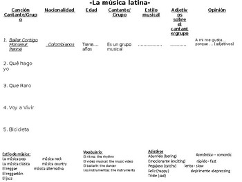 Preview of Comparing Music: Spanish Writing Graphic Organizar