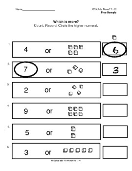 Preview of Counting, Comparing & Recording Numbers 1-9:  Kindergarten Math Worksheet