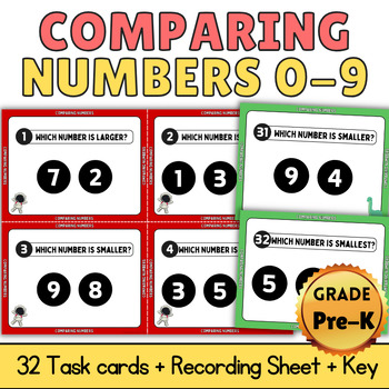 Preview of Comparing Numbers 0 to 9 Basic Math Task Cards Grades Pre-K