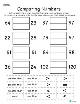 comparing numbers cut and paste teaching resources tpt