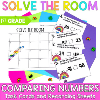 Preview of Comparing Numbers Math Task Cards 1st Grade Math Centers Solve the Room