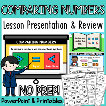 Preview of Greater Than Less Than Kindergarten Comparing Numbers PPT and Worksheet