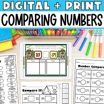 Preview of Comparing Numbers to 100 Two Digit First Grade Print Worksheets Digital Game 