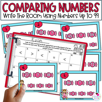 Preview of Comparing Numbers - Valentine's Day Math - Greater Than Less Than Write the Room
