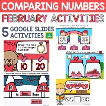 Preview of Comparing Numbers Game Valentines February Math Google Slides Activities