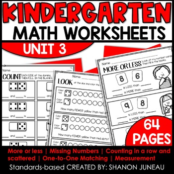 Preview of More or Less Kindergarten Missing Numbers Math Worksheets Counting Objects to 10
