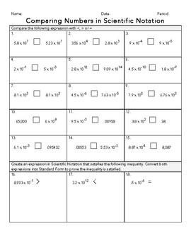 Preview of Comparing Numbers in Scientific Notation Practice Worksheet