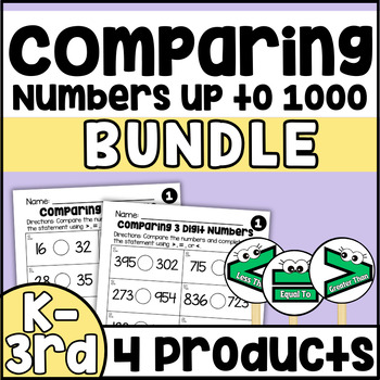 Preview of Comparing Numbers to 10, 100, & 1000 Worksheet Bundle | Posters & Manipulative