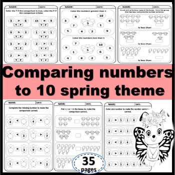 Preview of Comparing Numbers to 10 greater than, less than with spring theme