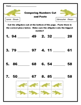 Comparing Numbers to 100 Alligator Cut and Paste Worksheet by Rencharee