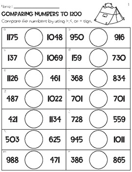 Comparing Numbers to 1200 Worksheets Camping Theme by Owl School Studio