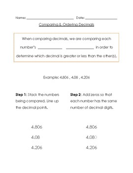 Preview of Comparing & Ordering Decimals Notes & Practice