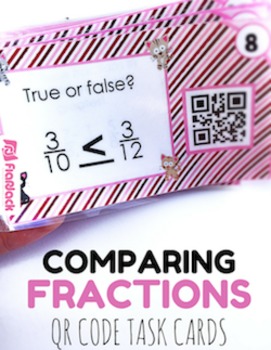 Preview of Comparing & Ordering Fractions Task Cards with QR Codes - CCSS 4.NF.2