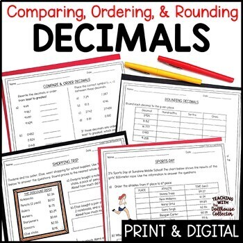 Preview of Comparing, Ordering, and Rounding Decimals Practice Worksheets Print and Digital