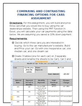 Preview of Comparing and Contrasting Monthly Payments for Cars Excel Spreadsheet