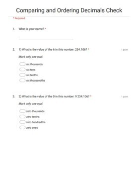 Preview of Comparing and Ordering Decimals Google Form Quiz