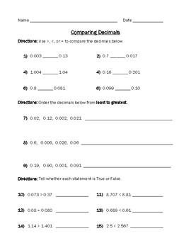 Comparing and Ordering Decimals Worksheet by live2teach123 | TpT