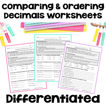 Preview of Comparing and Ordering Decimals Worksheets - Differentiated