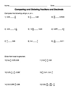 Comparing and Ordering Fractions and Decimals worksheet by Spencer