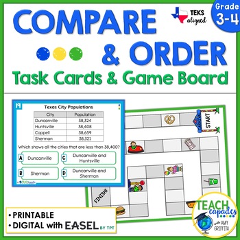 Preview of Comparing and Ordering Numbers up to Hundred Thousands TEKS 3.2D Task Cards Game