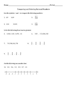 Preview of Comparing and Ordering Rational Numbers Worksheet