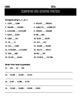 comparing whole numbers worksheet teaching resources tpt
