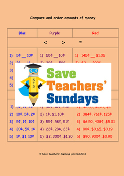 comparing and ordering amounts of money worksheets 3 levels of difficulty