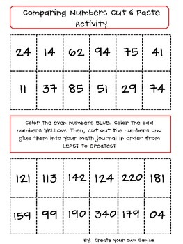 comparing numbers cut and paste activity by create your own genius