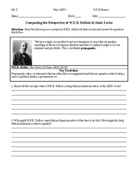 Preview of Harlem Renaissance - Comparing perspectives  - W.E.B. DuBois vs. Alain Locke