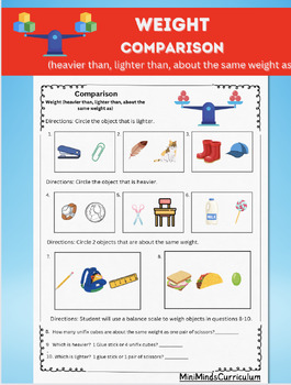 Preview of Comparison Kindergarten, weight,heavier than, lighter than, about the same as