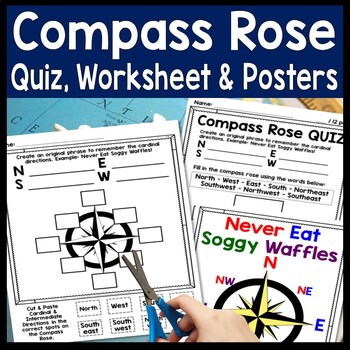 Preview of Compass Rose Worksheet, Quiz Test & Posters: Cardinal Intermediate Directions