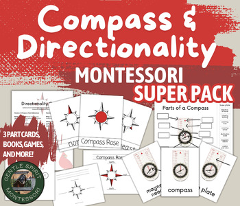 Preview of Compass and Directionality Montessori SUPER PACK – 3 part cards, books, labeling
