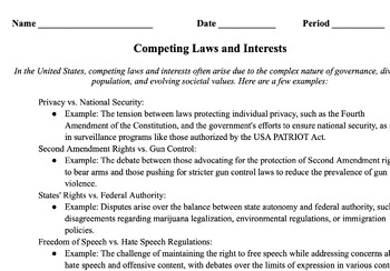 Preview of Competing Laws and Interests Reading and Questions Worksheet